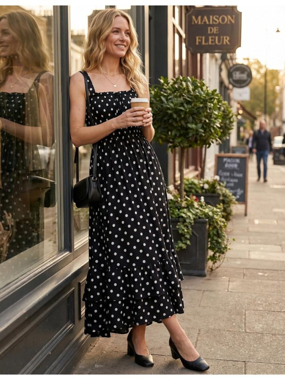 〽️Women Black White Dot Square Neck Strapped A LINE Boho Floral  Long Maxi Dress